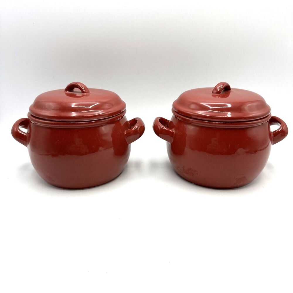 2 Oneida Kitchen Red Ceramic Crock w/Lid & Side Handles NEW NEVER USED